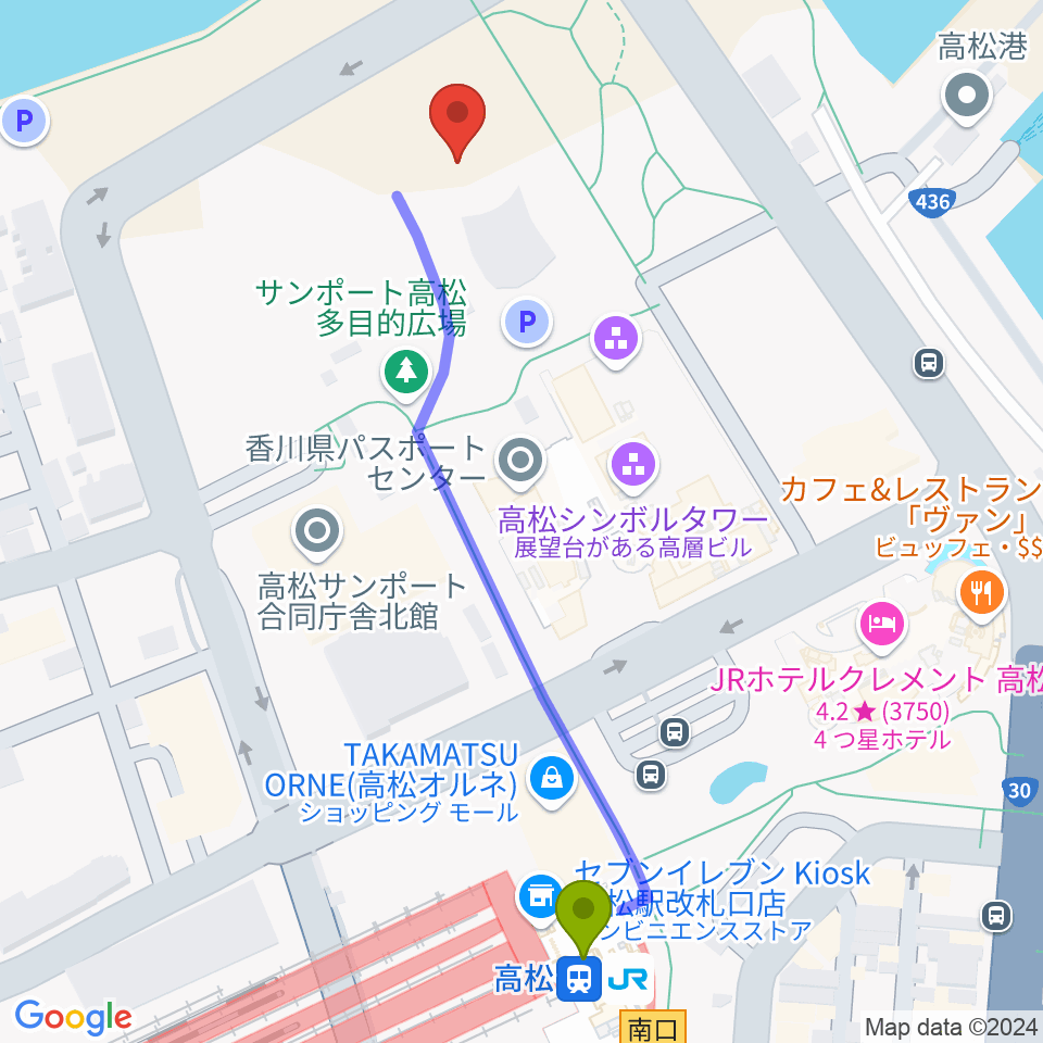 あなぶきアリーナ香川の最寄駅高松駅からの徒歩ルート（約6分）地図