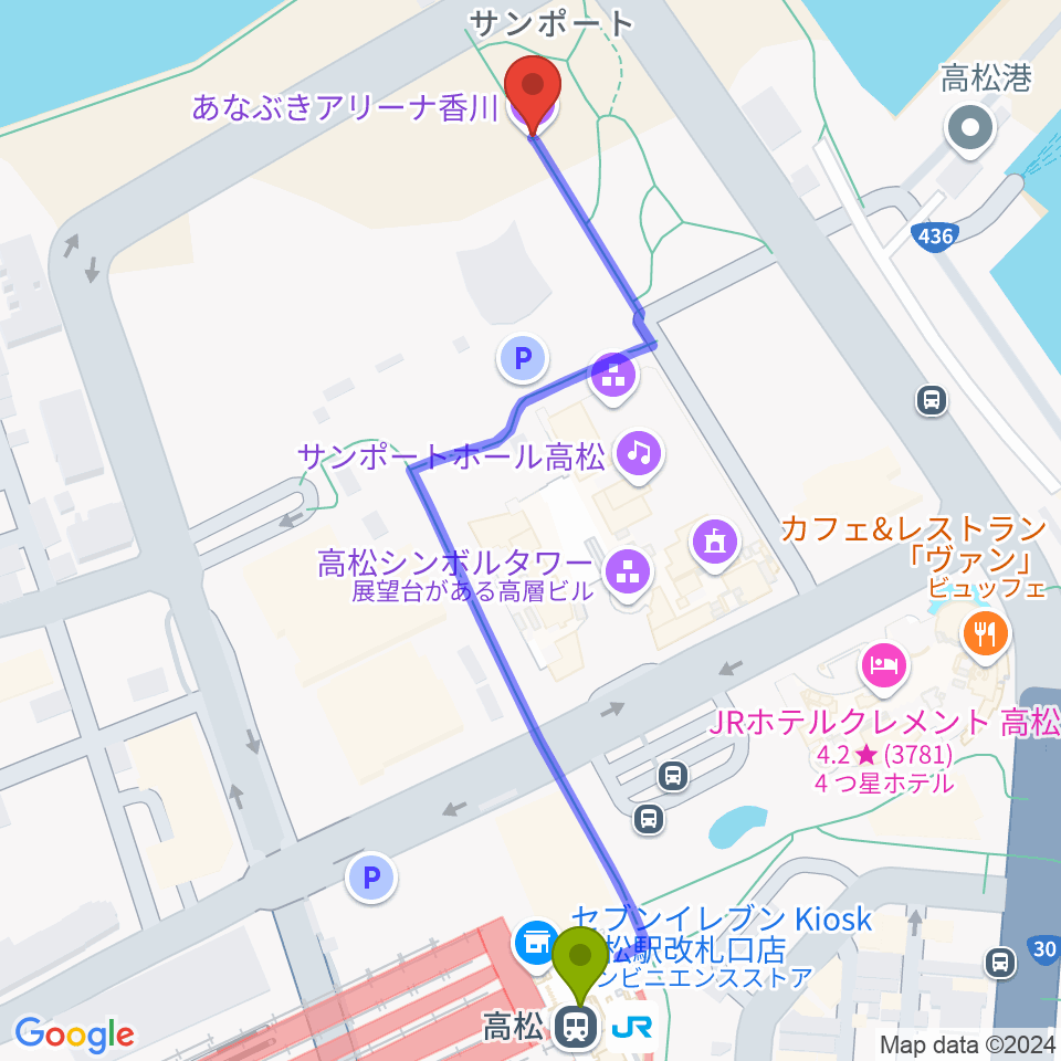 あなぶきアリーナ香川の最寄駅高松駅からの徒歩ルート（約6分）地図