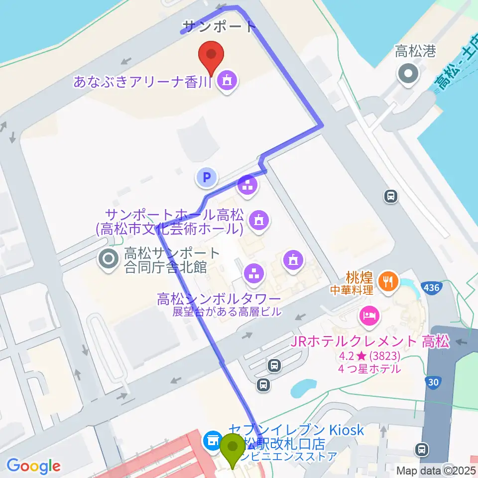 あなぶきアリーナ香川の最寄駅高松駅からの徒歩ルート（約6分）地図