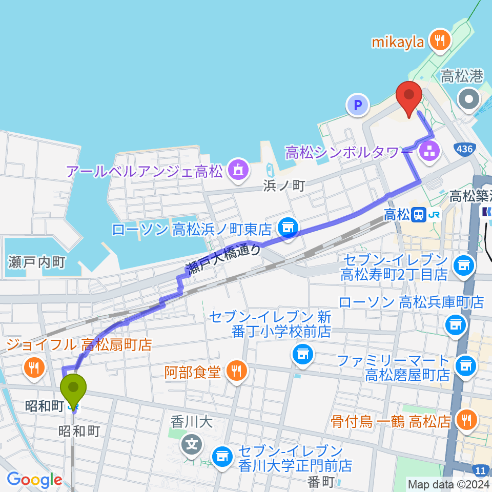 昭和町駅からあなぶきアリーナ香川へのルートマップ地図