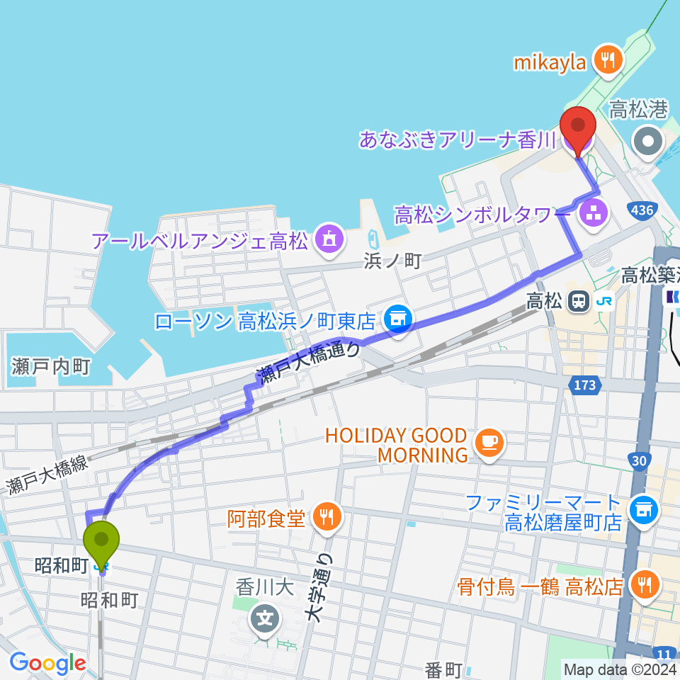 昭和町駅からあなぶきアリーナ香川へのルートマップ地図