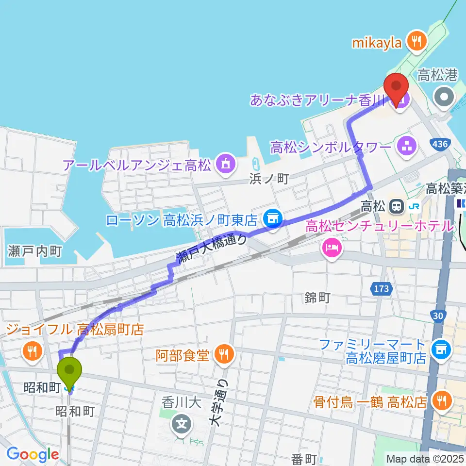 昭和町駅からあなぶきアリーナ香川へのルートマップ地図