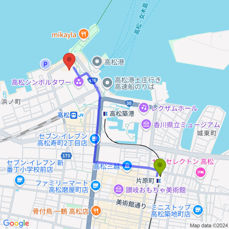 片原町駅からあなぶきアリーナ香川へのルートマップ地図