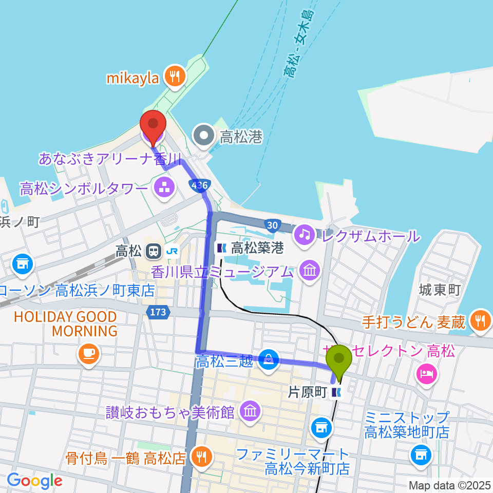 片原町駅からあなぶきアリーナ香川へのルートマップ地図