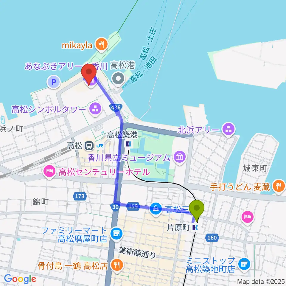 片原町駅からあなぶきアリーナ香川へのルートマップ地図