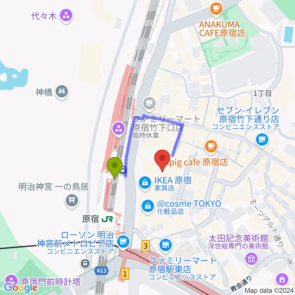 WITH HARAJUKU HALLの最寄駅原宿駅からの徒歩ルート（約1分）地図