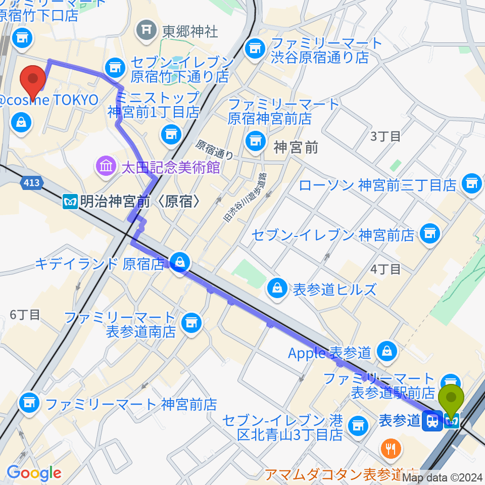 表参道駅からWITH HARAJUKU HALLへのルートマップ地図