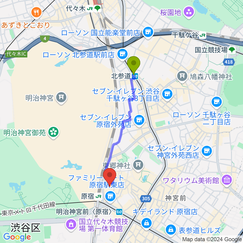 北参道駅からWITH HARAJUKU HALLへのルートマップ地図