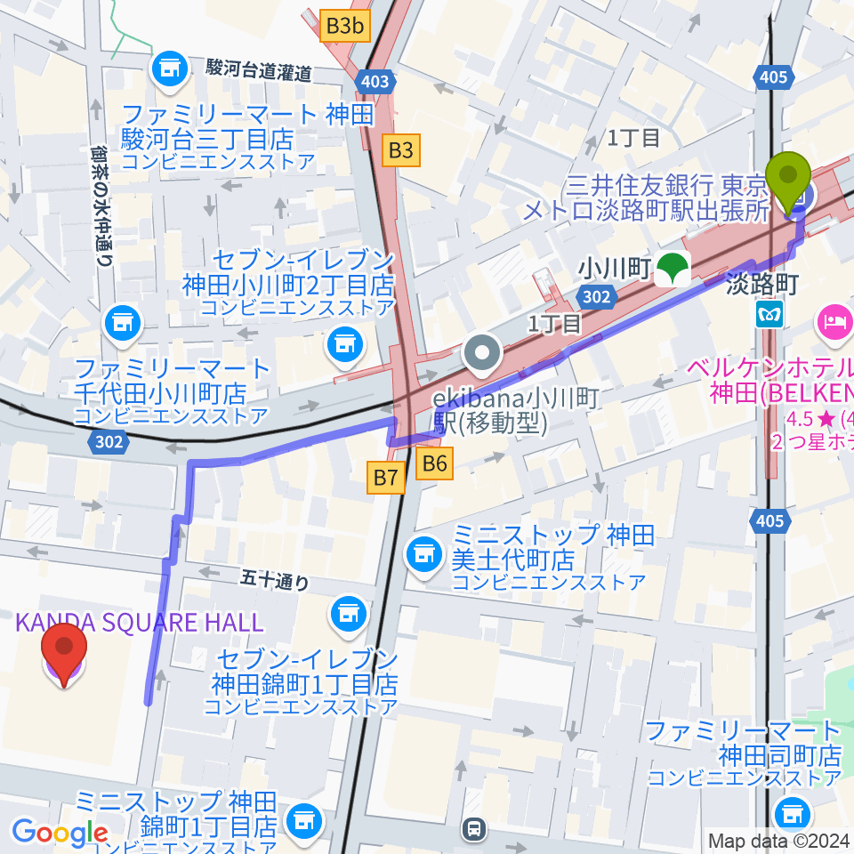 神田スクエアホールの最寄駅淡路町駅からの徒歩ルート（約8分）地図