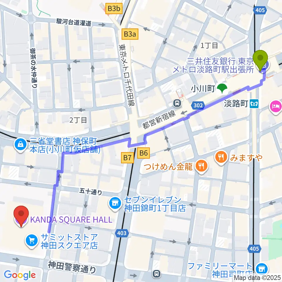 神田スクエアホールの最寄駅淡路町駅からの徒歩ルート（約8分）地図