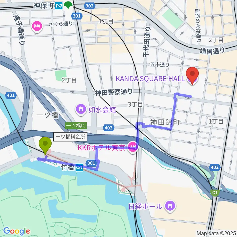 竹橋駅から神田スクエアホールへのルートマップ地図