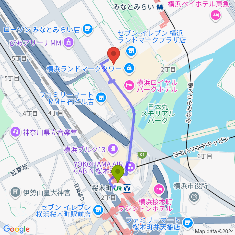 桜木町駅から横浜ランドマークホールへのルートマップ地図