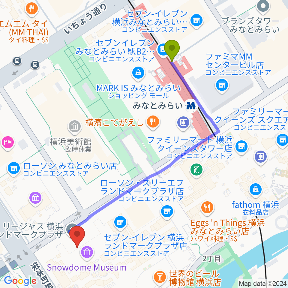 横浜ランドマークホールの最寄駅みなとみらい駅からの徒歩ルート（約6分）地図