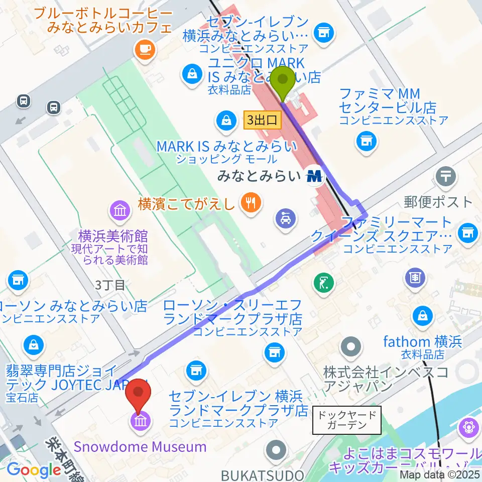 横浜ランドマークホールの最寄駅みなとみらい駅からの徒歩ルート（約6分）地図