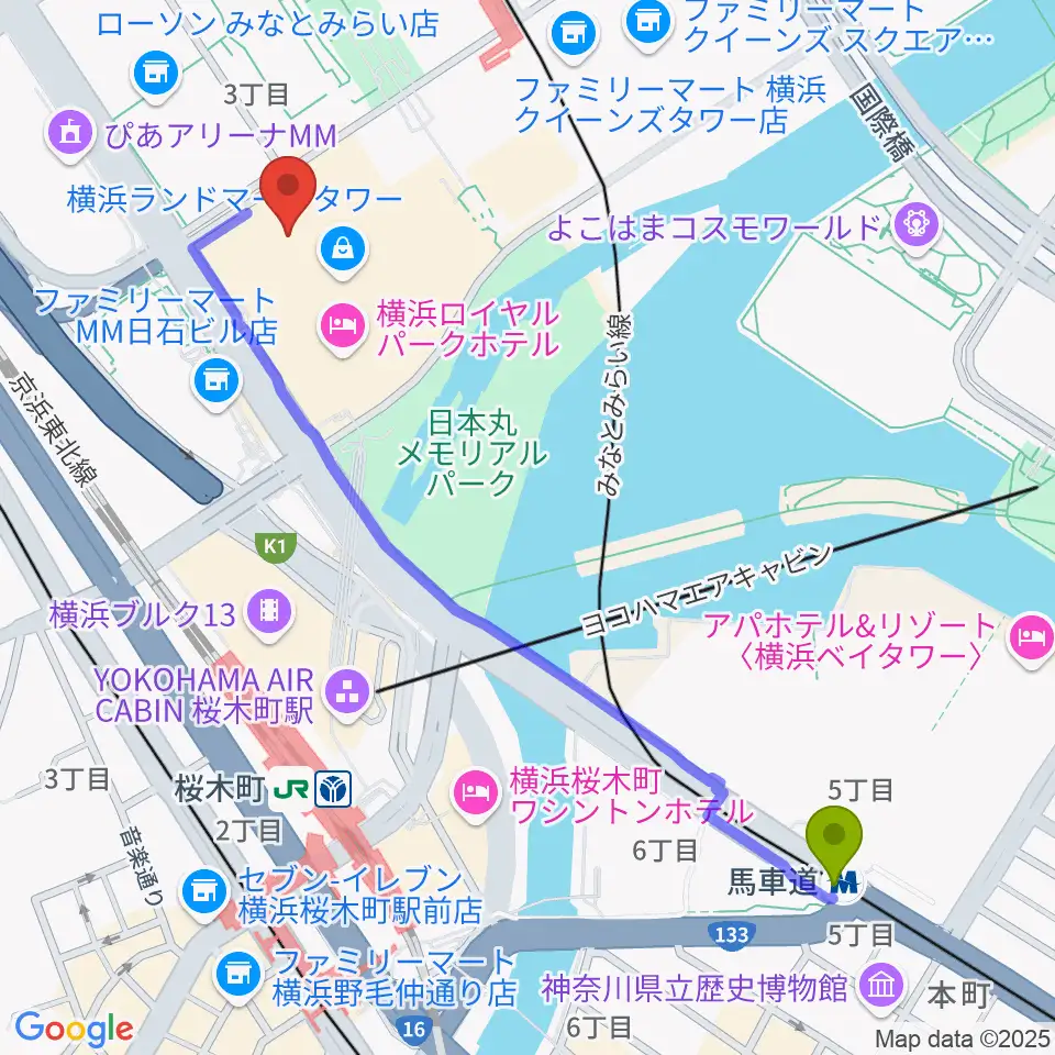 馬車道駅から横浜ランドマークホールへのルートマップ地図