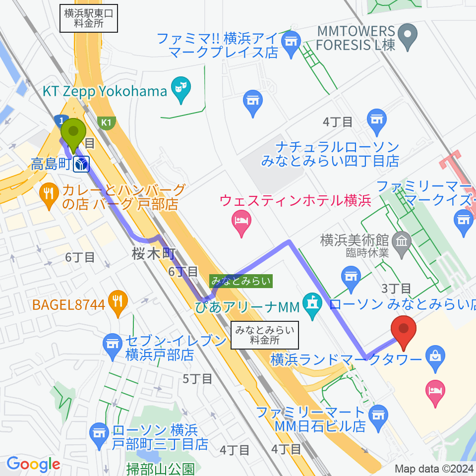 高島町駅から横浜ランドマークホールへのルートマップ地図