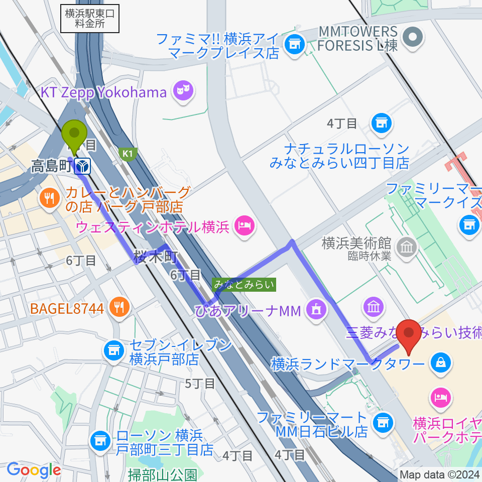 高島町駅から横浜ランドマークホールへのルートマップ地図