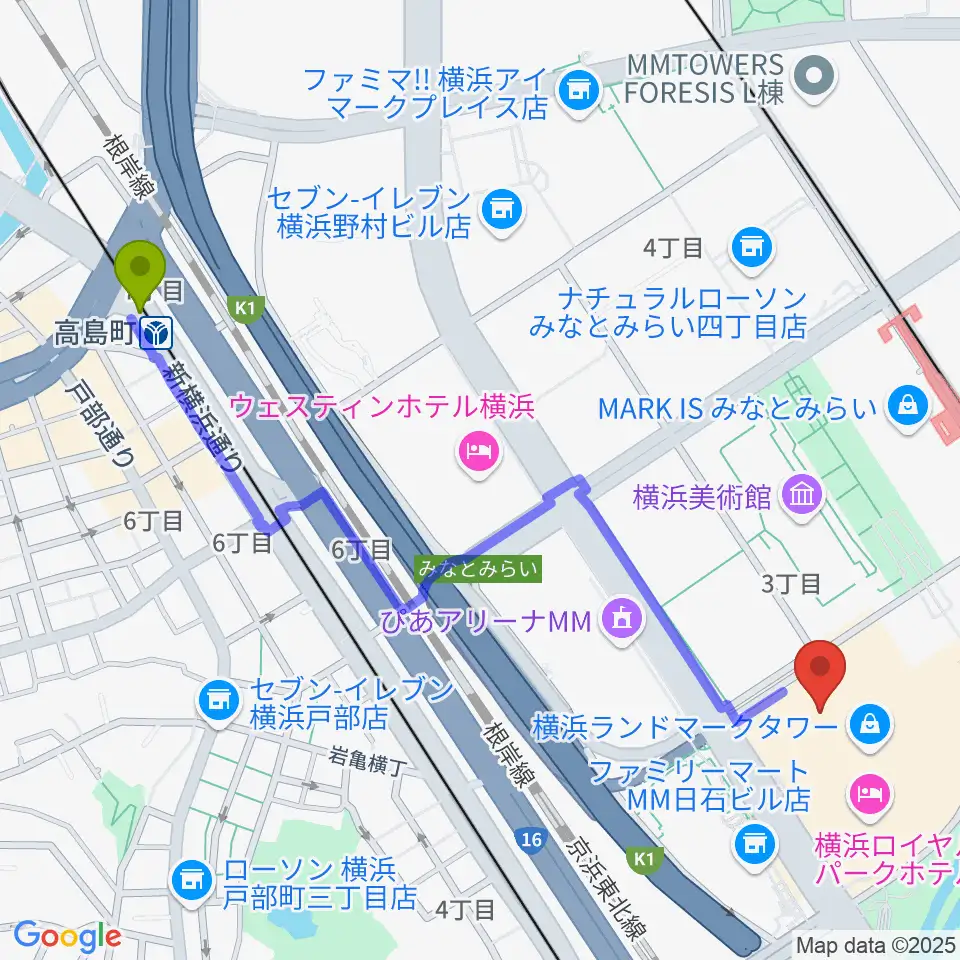 高島町駅から横浜ランドマークホールへのルートマップ地図