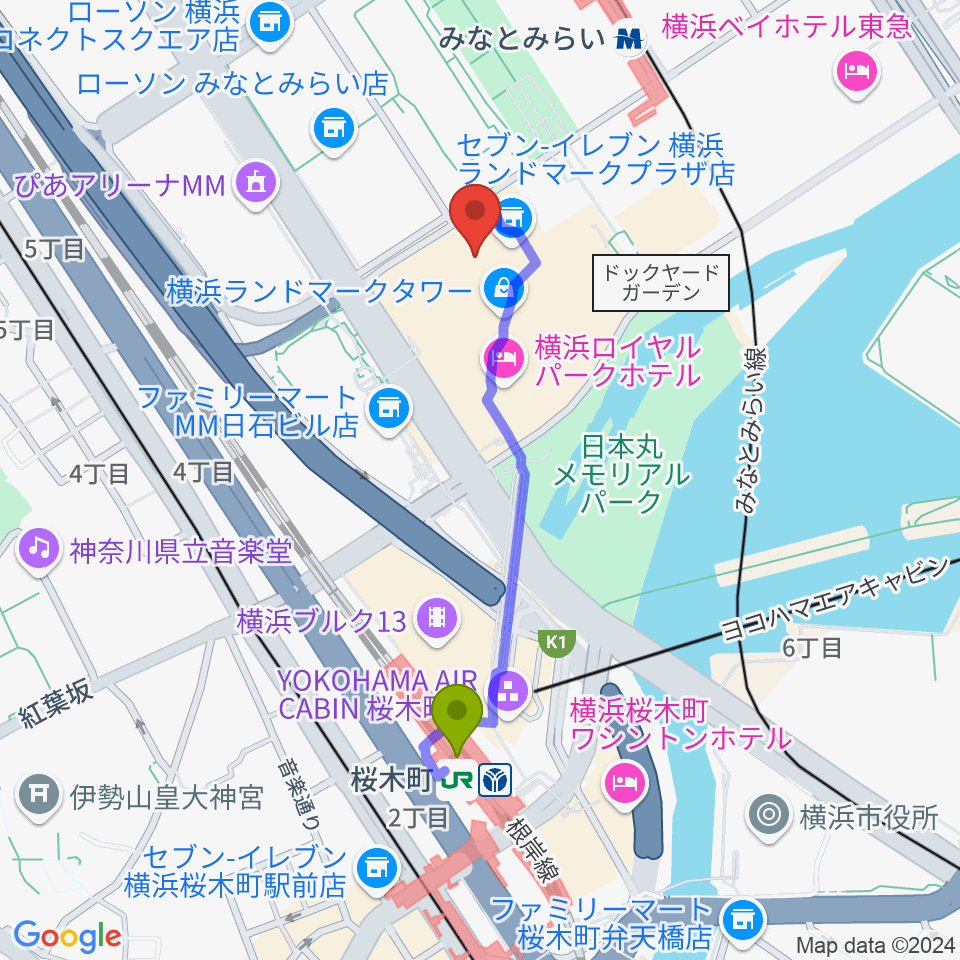 桜木町駅からLANDMARK STUDIOへのルートマップ地図