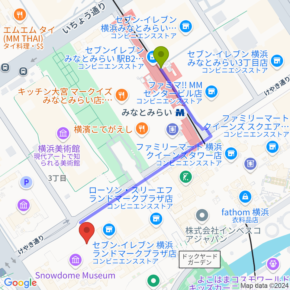 LANDMARK STUDIOの最寄駅みなとみらい駅からの徒歩ルート（約5分）地図