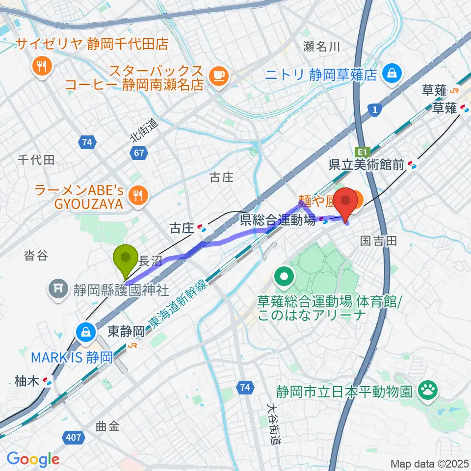 長沼駅から音楽舎へのルートマップ地図