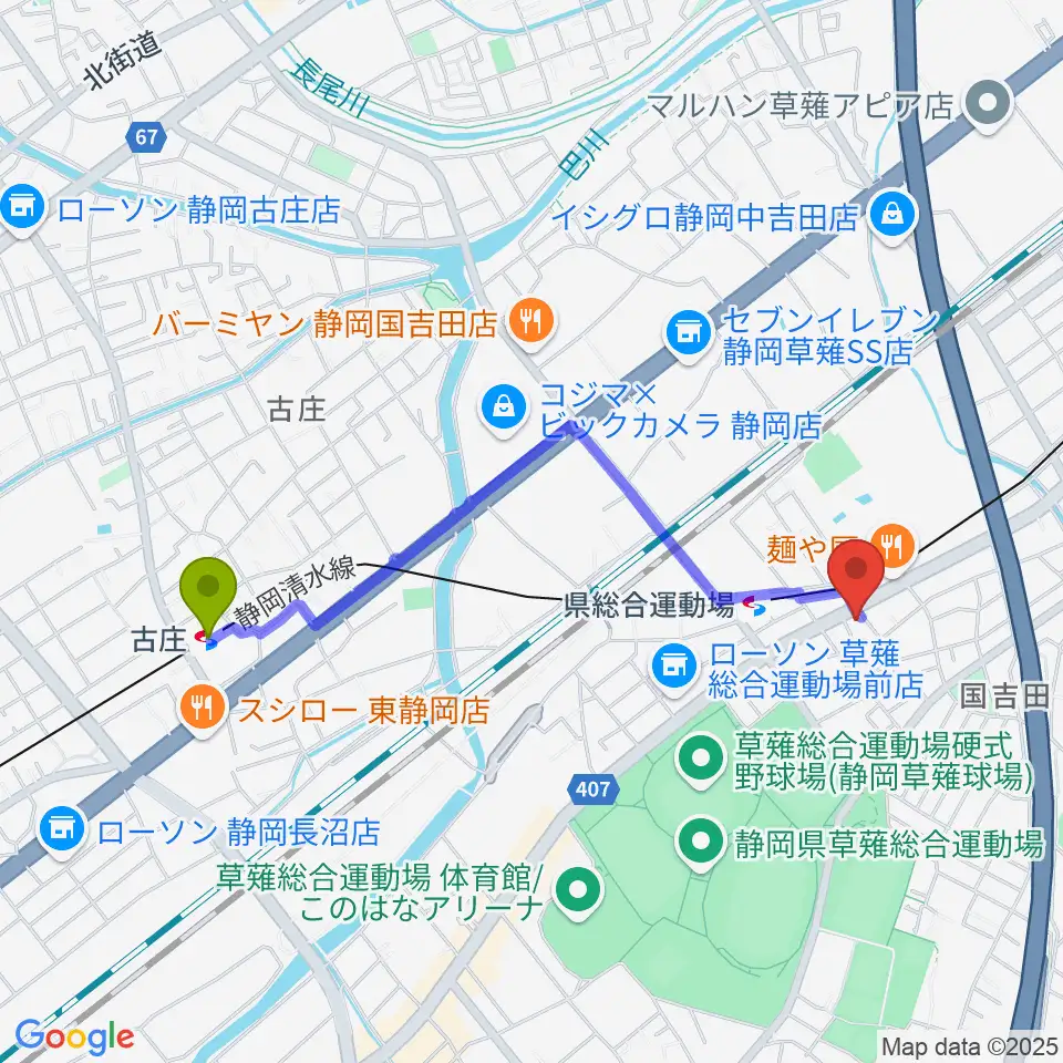 古庄駅から音楽舎へのルートマップ地図