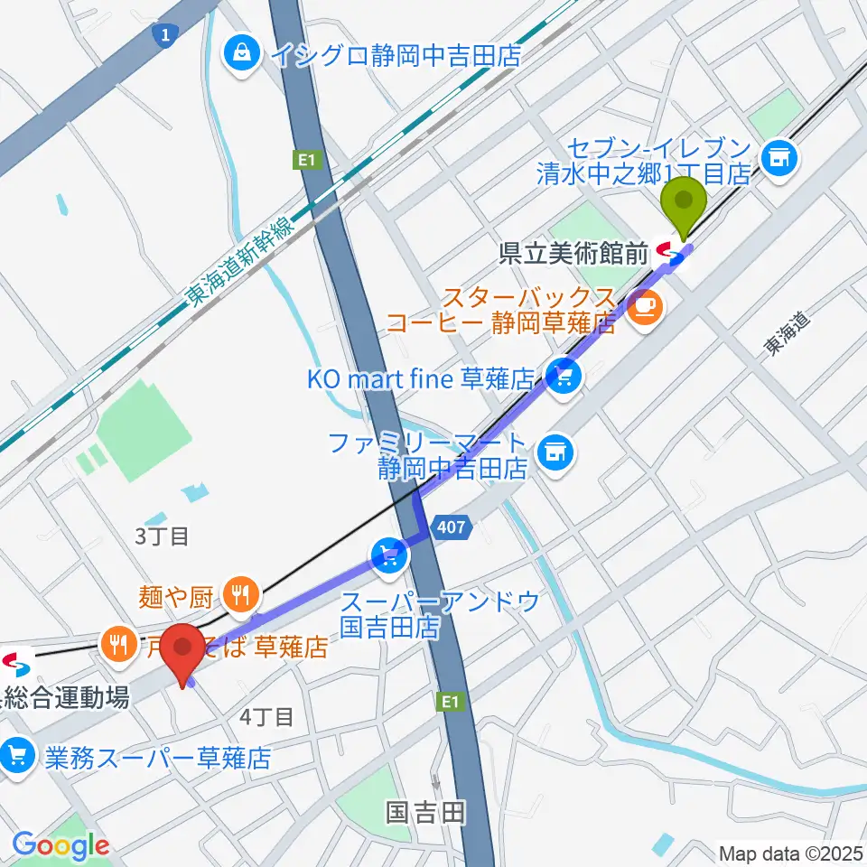 県立美術館前駅から音楽舎へのルートマップ地図