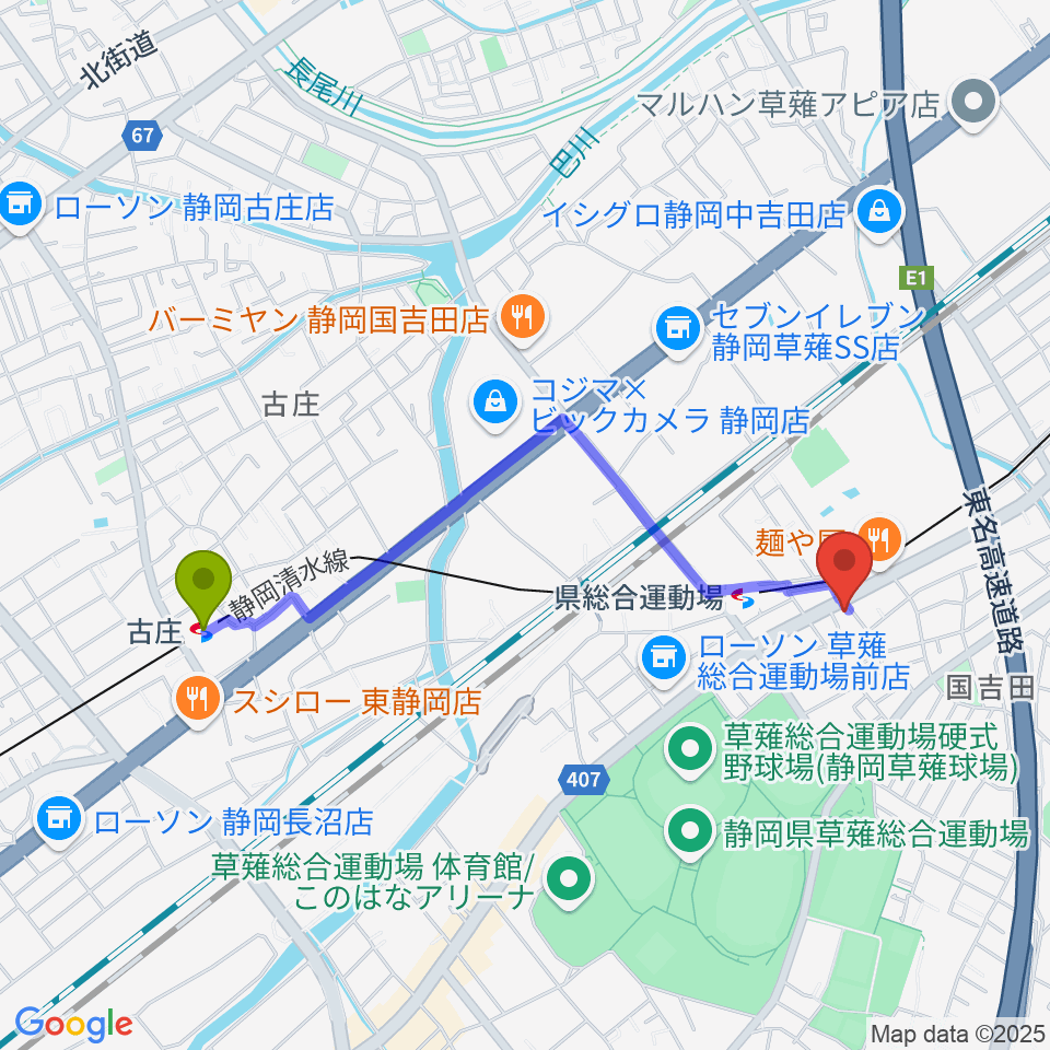 古庄駅から音楽舎ミュージックスペースへのルートマップ地図