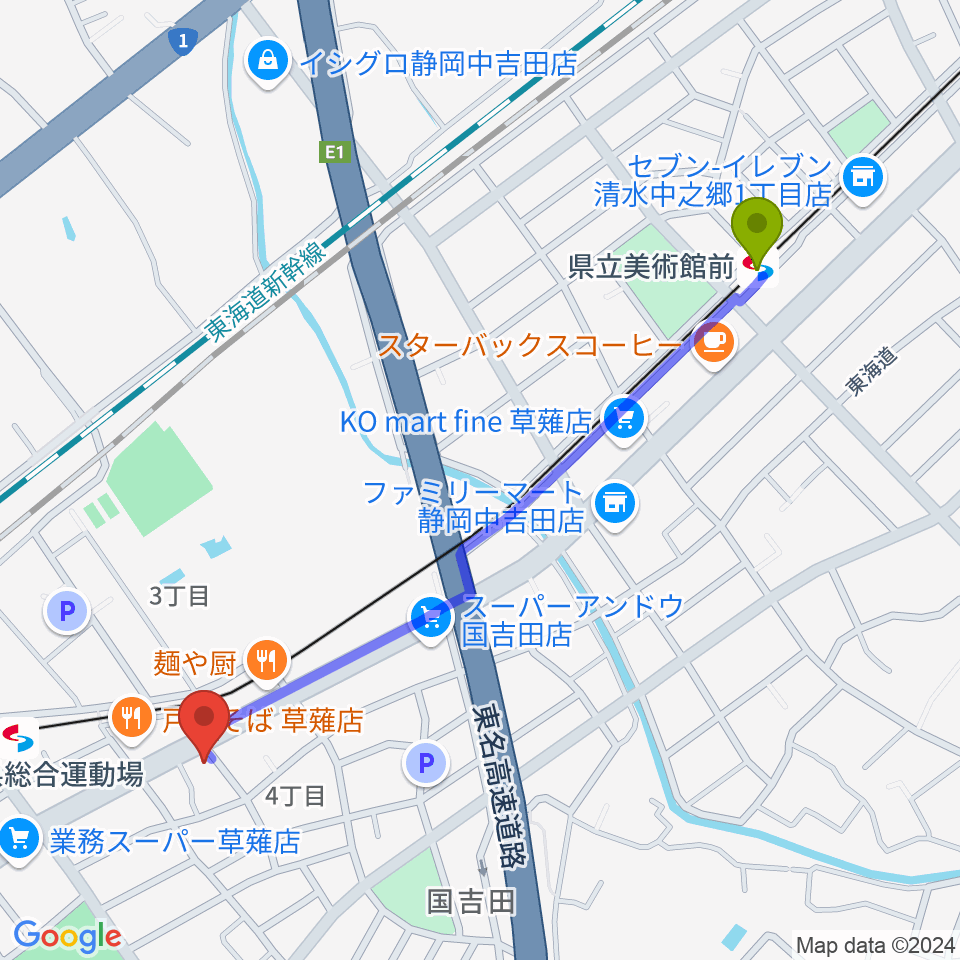 県立美術館前駅から音楽舎ミュージックスペースへのルートマップ地図