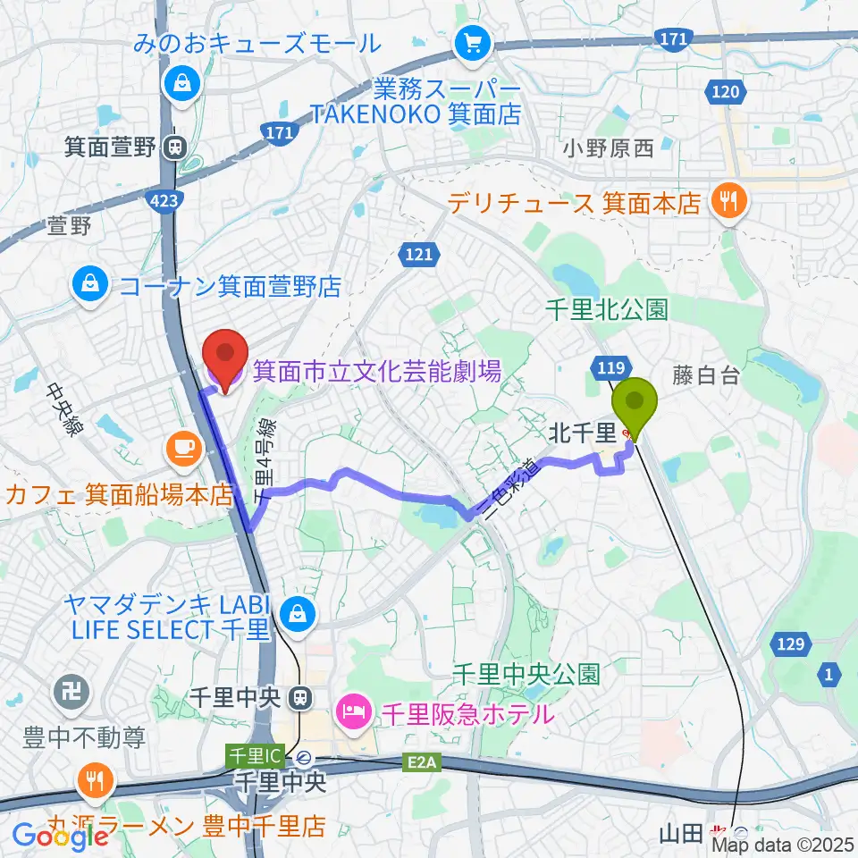 北千里駅から東京建物 Brillia HALL 箕面へのルートマップ地図