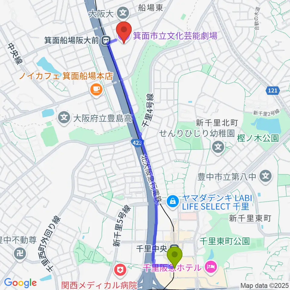 箕面市立文化芸能劇場の最寄駅千里中央駅からの徒歩ルート 約24分 Mdata