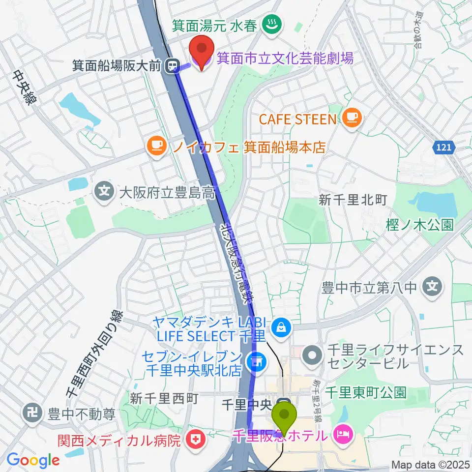 千里中央駅から箕面市立文化芸能劇場へのルートマップ地図