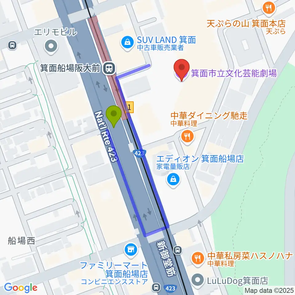 箕面市立文化芸能劇場の最寄駅箕面船場阪大前駅からの徒歩ルート（約2分）地図