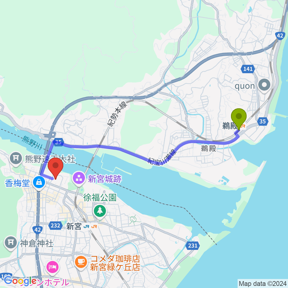 鵜殿駅から丹鶴ホールへのルートマップ地図