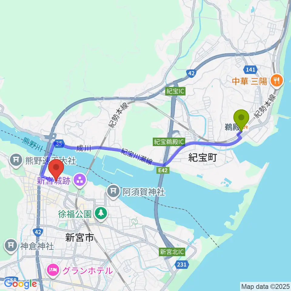 鵜殿駅から丹鶴ホールへのルートマップ地図
