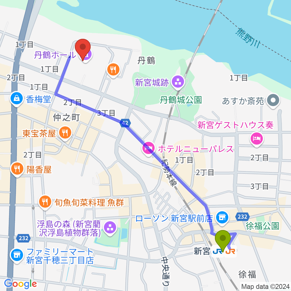 丹鶴ホールの最寄駅新宮駅からの徒歩ルート（約13分）地図