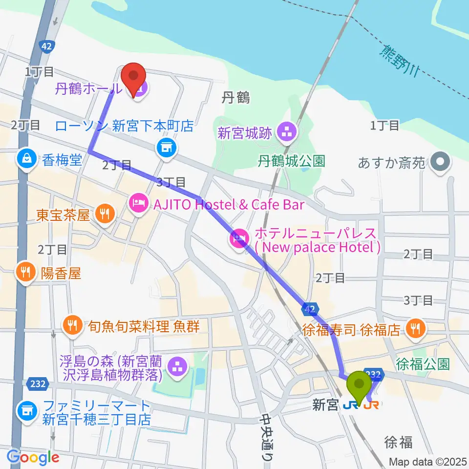 丹鶴ホールの最寄駅新宮駅からの徒歩ルート（約13分）地図