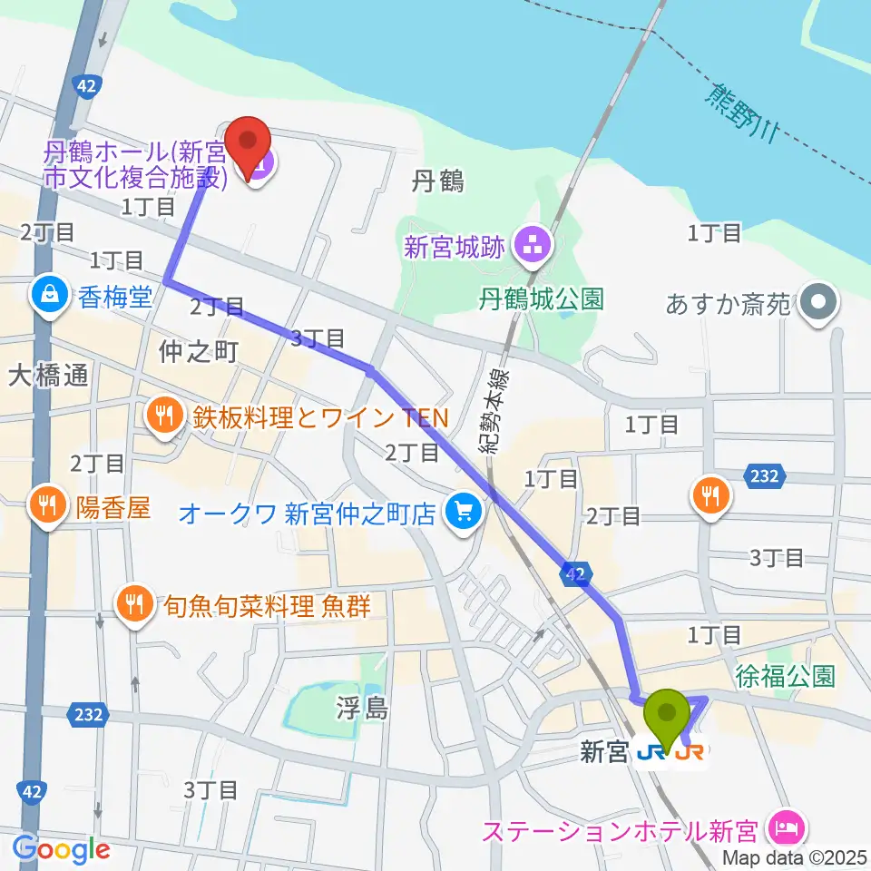 丹鶴ホールの最寄駅新宮駅からの徒歩ルート（約13分）地図