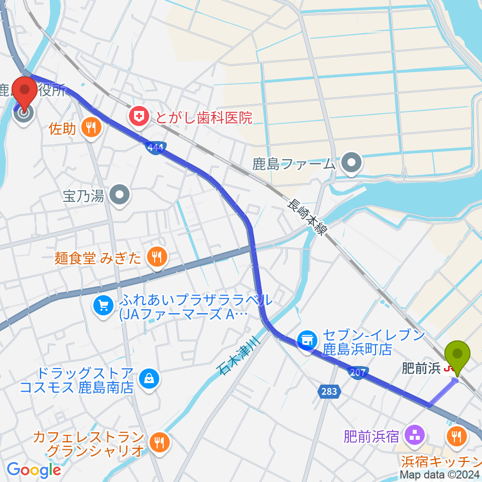 肥前浜駅から鹿島市民文化ホール サクラスへのルートマップ地図