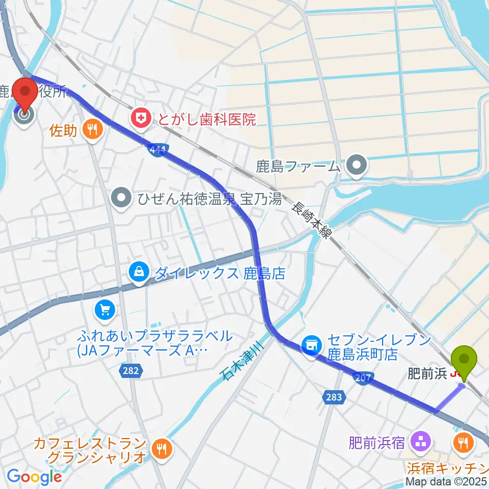 肥前浜駅から鹿島市民文化ホール サクラスへのルートマップ地図