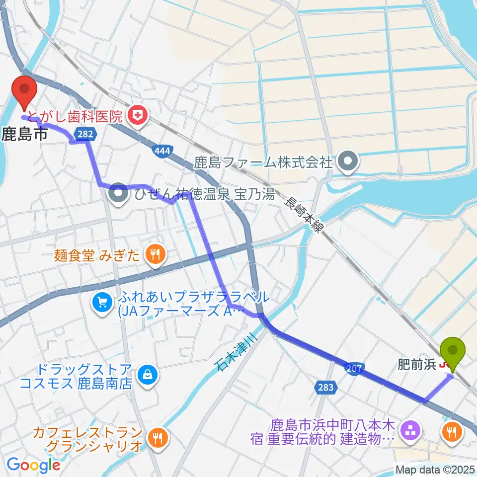 肥前浜駅から鹿島市民文化ホール サクラスへのルートマップ地図