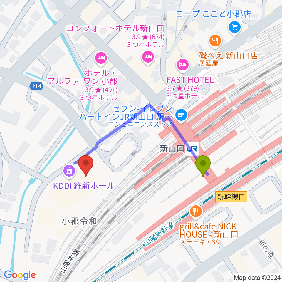 KDDI維新ホールの最寄駅新山口駅からの徒歩ルート（約3分）地図