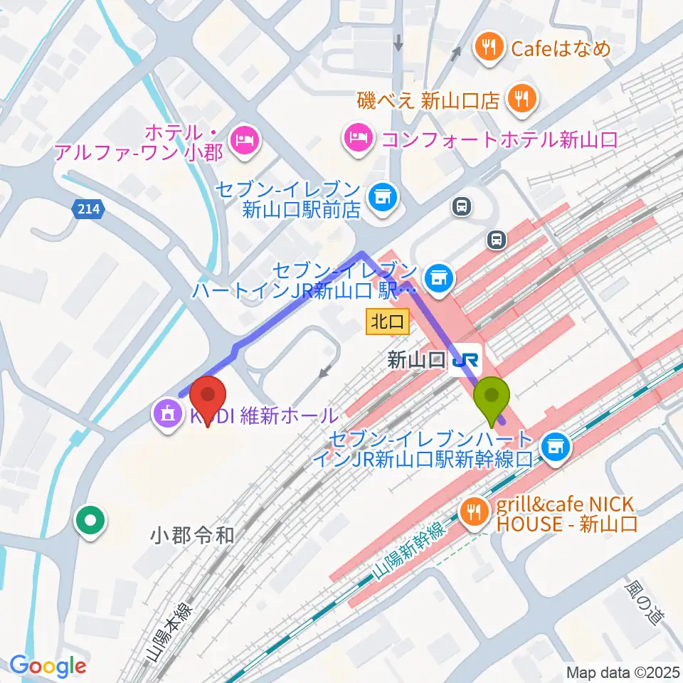 KDDI維新ホールの最寄駅新山口駅からの徒歩ルート（約3分）地図
