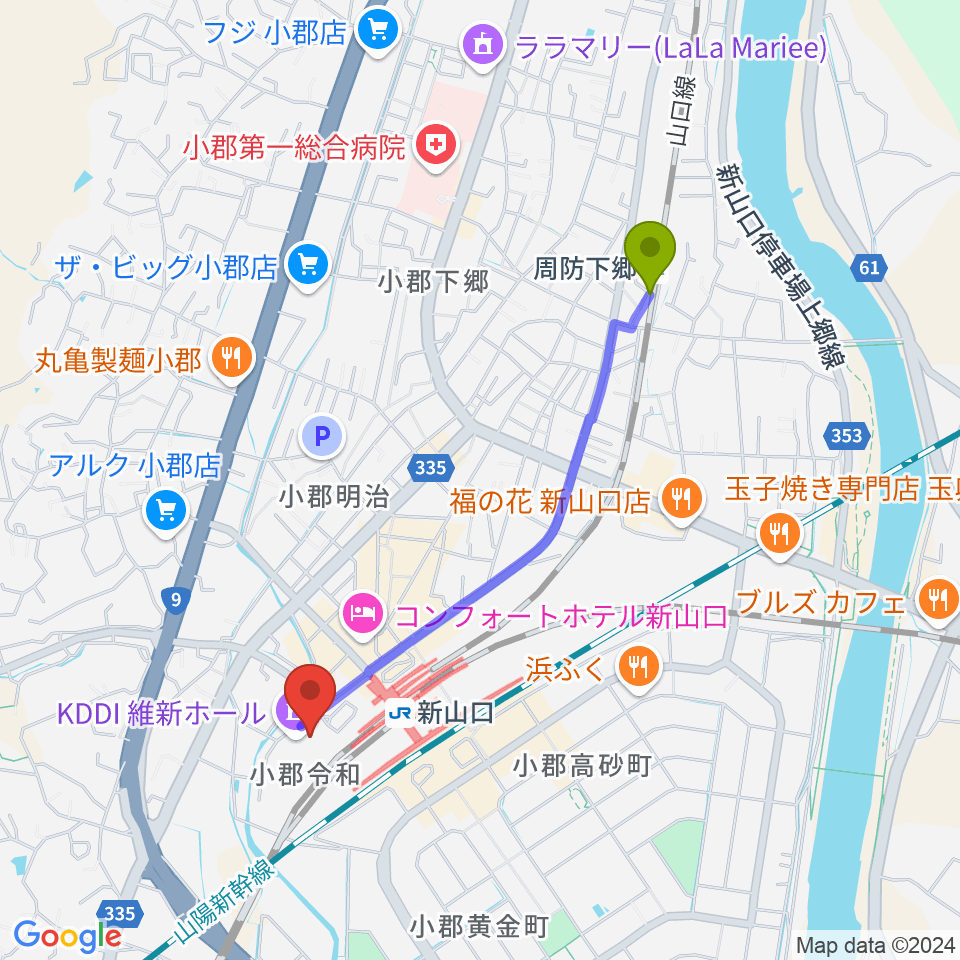 周防下郷駅からKDDI維新ホールへのルートマップ地図