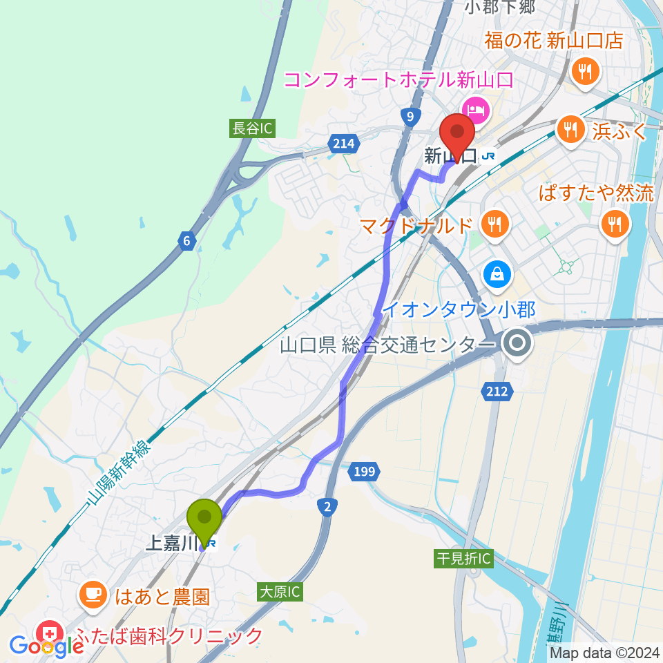 上嘉川駅からKDDI維新ホールへのルートマップ地図