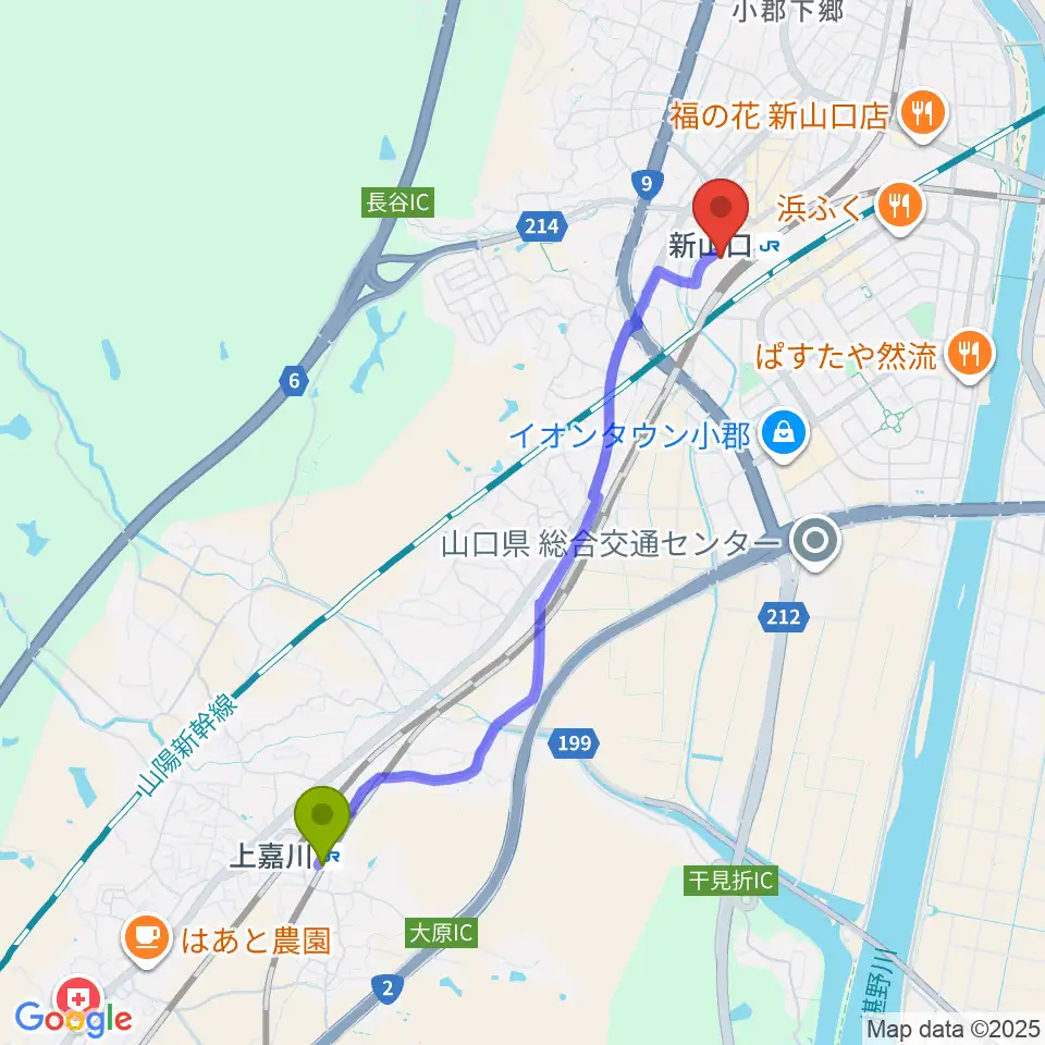 上嘉川駅からKDDI維新ホールへのルートマップ地図