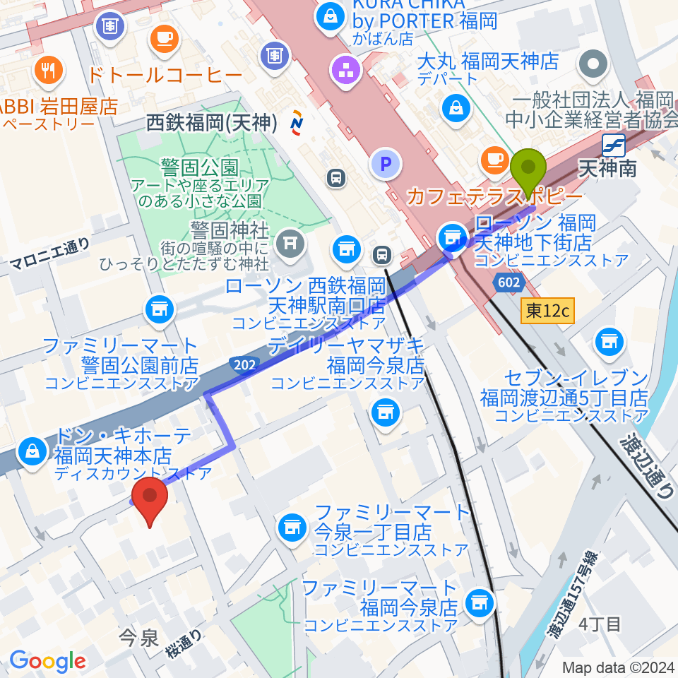 天神南駅から福岡evoLへのルートマップ地図