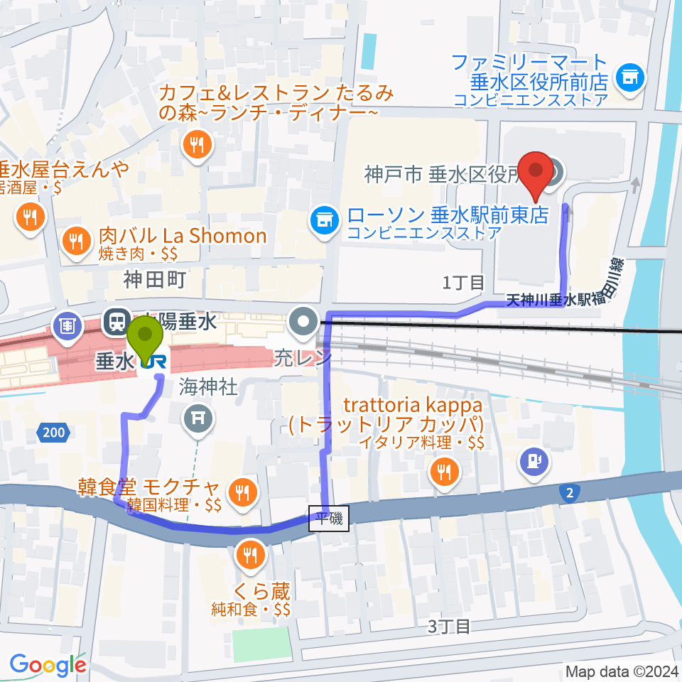 垂水区文化センター レバンテホールの最寄駅垂水駅からの徒歩ルート（約5分）地図