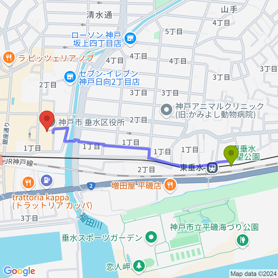 東垂水駅から垂水区文化センター レバンテホールへのルートマップ地図