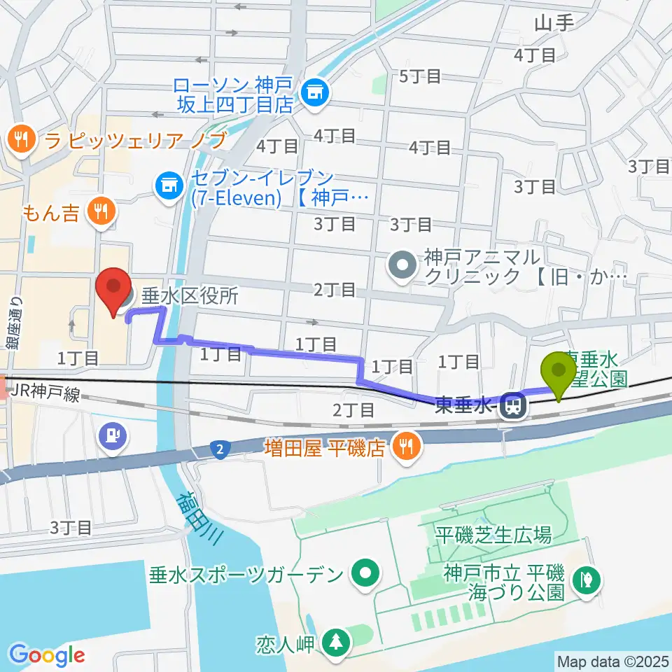 東垂水駅から垂水区文化センター レバンテホールへのルートマップ地図